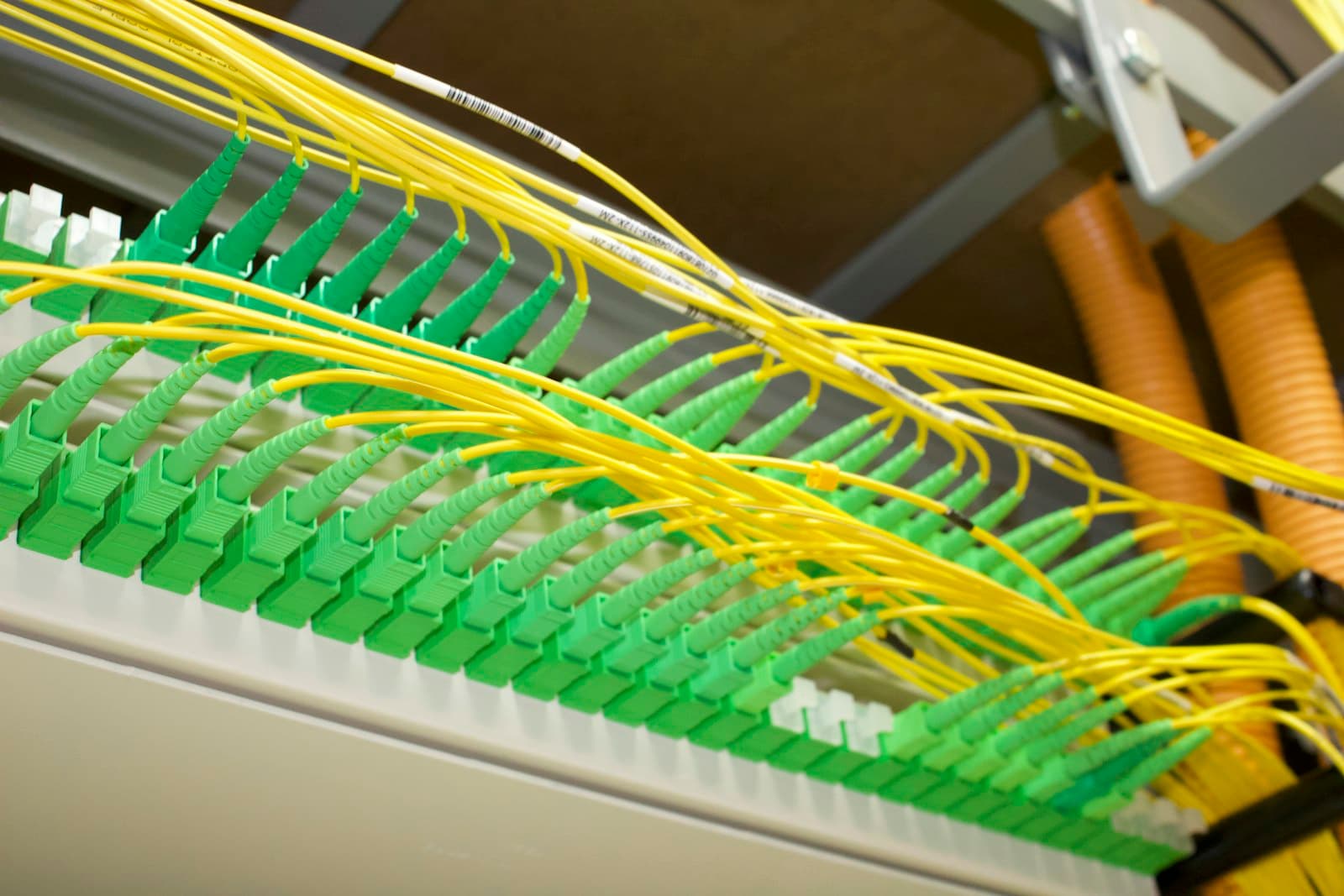 Rows of fibre optic connectors with single-mode patch cords