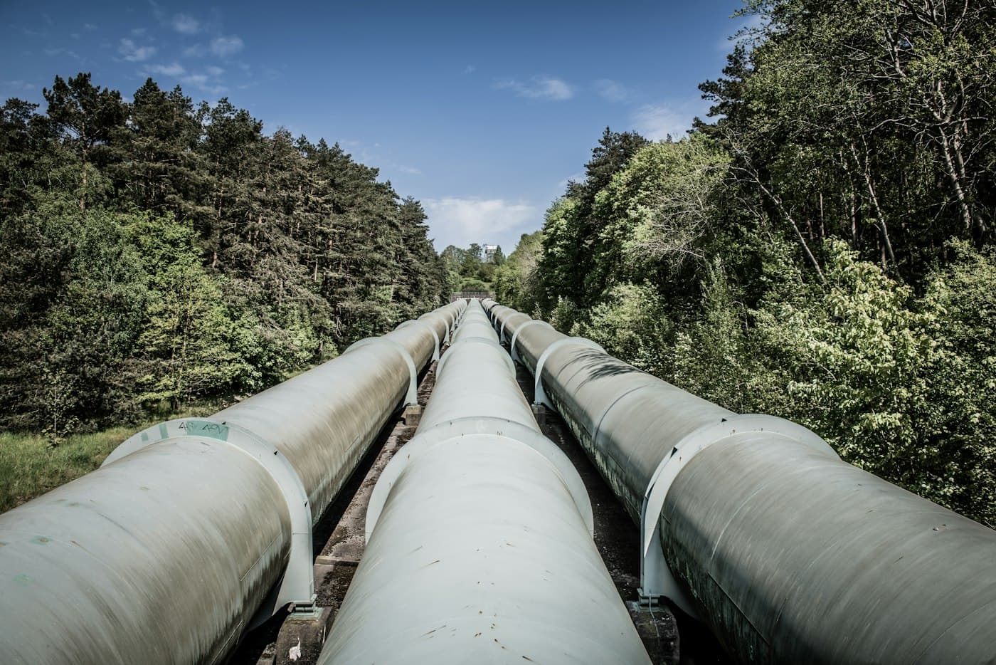 Large steel water pipelines on supports